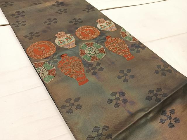 平和屋着物◎西陣 服部織物謹製 六通柄袋帯 こはく錦 陶器花文 金糸 正絹 逸品 BAAW1760mz