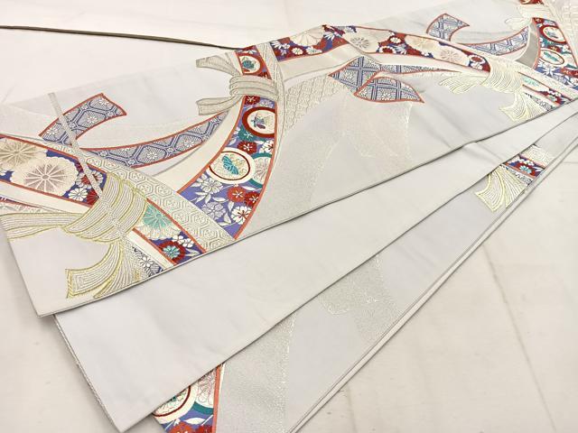 平和屋着物◎六通柄袋帯 唐織 束ね熨斗花蝶文 金銀糸 正絹 逸品 BAAW1766mz