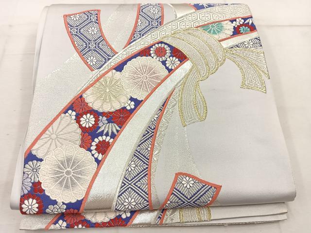 平和屋着物◎六通柄袋帯 唐織 束ね熨斗花蝶文 金銀糸 正絹 逸品 BAAW1766mz