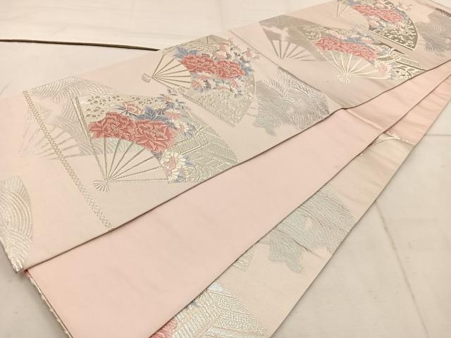 平和屋着物◎六通柄袋帯 唐織 扇面御所車花文 銀糸 正絹 逸品 BAAW1774mz