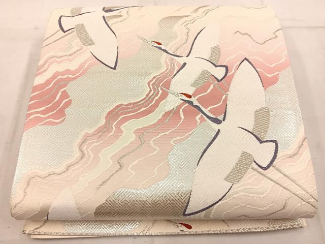 平和屋着物◎六通柄袋帯 飛鶴文 銀糸 正絹 逸品 BAAW1779mz