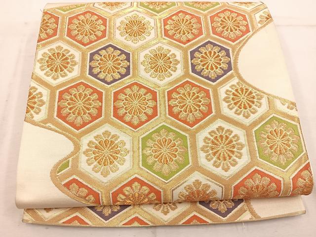 平和屋着物◎六通柄袋帯 亀甲菊花文 金糸 正絹 逸品 BAAW1789mz