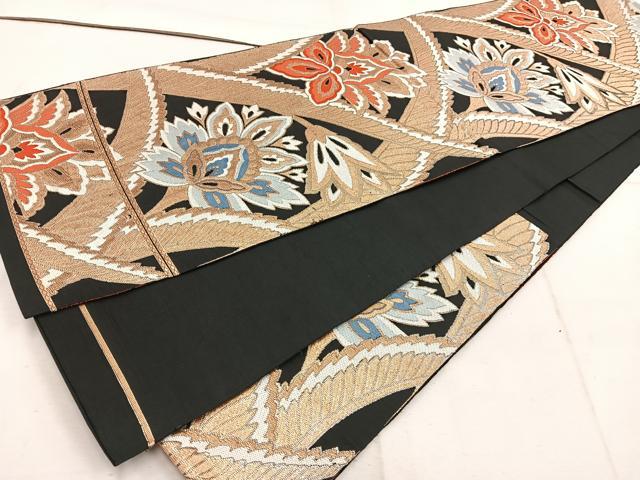 平和屋着物◎六通柄 本袋帯 更紗花文 黒地 金糸 正絹 逸品 BAAW1790mz