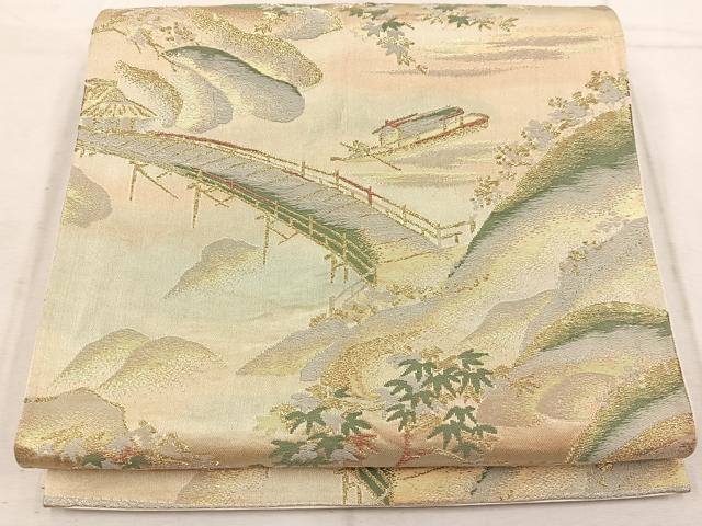 平和屋着物◎六通柄袋帯 渡橋風景文 金銀糸 正絹 逸品 BAAW1799mz
