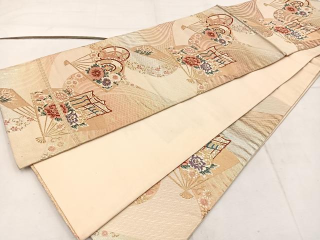 平和屋着物◎六通柄袋帯 唐織 扇面御所車鼓花文 金銀糸 正絹 逸品 BAAW1870mz