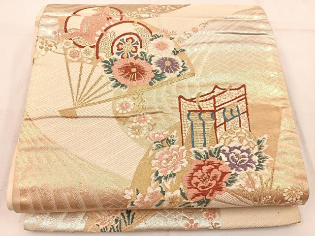 平和屋着物◎六通柄袋帯 唐織 扇面御所車鼓花文 金銀糸 正絹 逸品 BAAW1870mz