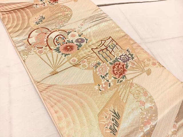 平和屋着物◎六通柄袋帯 唐織 扇面御所車鼓花文 金銀糸 正絹 逸品 BAAW1870mz