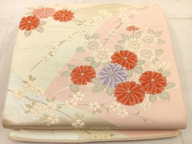 平和屋着物◎六通柄袋帯 唐織 菊花文 銀糸 正絹 逸品 BAAW1914mz