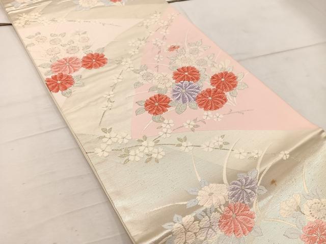 平和屋着物◎六通柄袋帯 唐織 菊花文 銀糸 正絹 逸品 BAAW1914mz