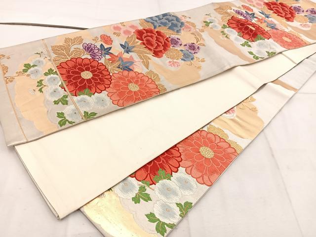 平和屋着物◎六通柄袋帯 唐織 雲重ね菊花文 金銀糸 正絹 逸品 BAAW1936mz