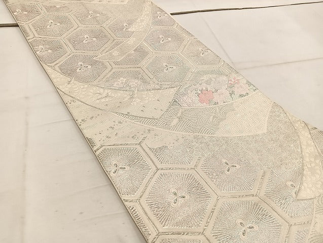 平和屋着物◎六通柄袋帯 唐織 飛鶴亀甲花文 銀糸 正絹 逸品 BAAW1939mz