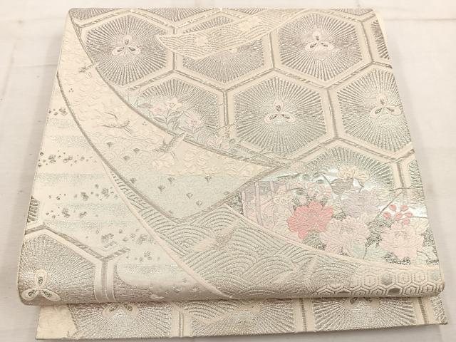平和屋着物◎六通柄袋帯 唐織 飛鶴亀甲花文 銀糸 正絹 逸品 BAAW1939mz
