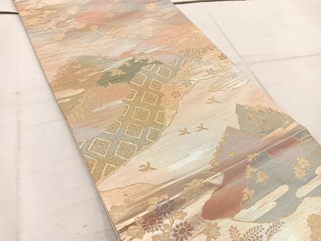 平和屋着物◎六通柄袋帯 片輪車花鳥文 金糸 正絹 逸品 BAAW1940mz