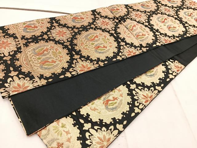 平和屋着物◎六通柄袋帯 花鳥丸文 黒地 金糸 正絹 逸品 BAAW1941mz
