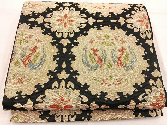 平和屋着物◎六通柄袋帯 花鳥丸文 黒地 金糸 正絹 逸品 BAAW1941mz