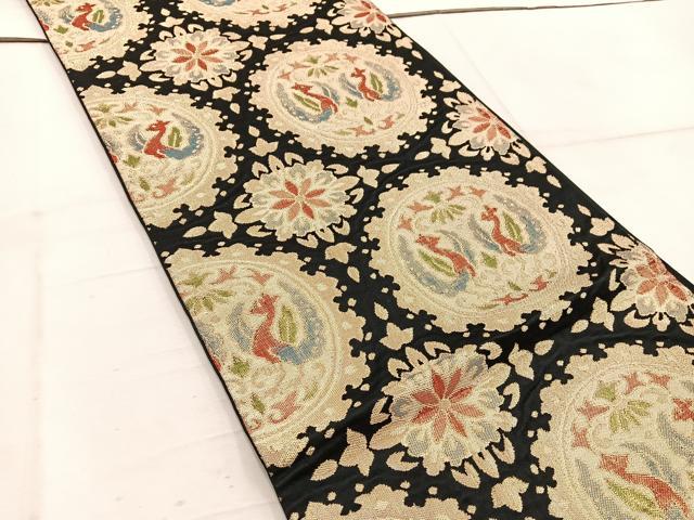 平和屋着物◎六通柄袋帯 花鳥丸文 黒地 金糸 正絹 逸品 BAAW1941mz
