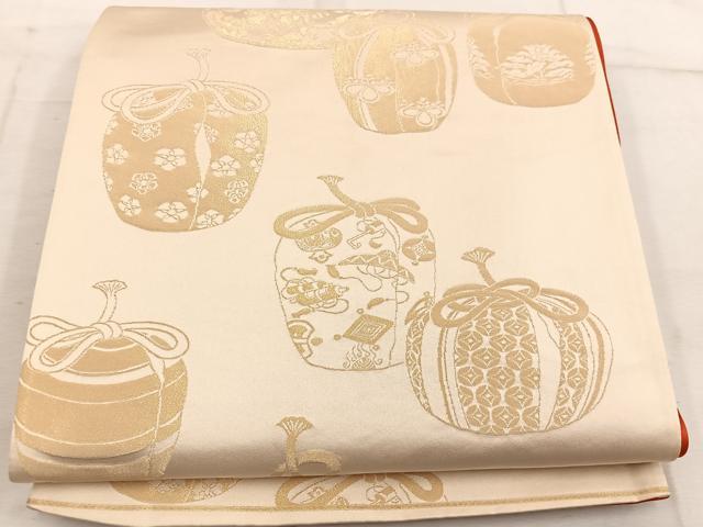 平和屋着物◎西陣 両面 全通柄袋帯 仕覆花文 金糸 証紙付き 正絹 逸品 BAAW1954mz