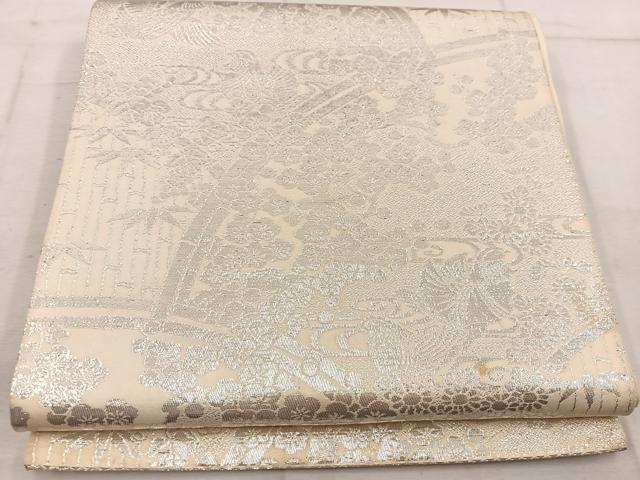 平和屋着物◎全通柄袋帯 鴛鴦梅花文 銀糸 正絹 逸品 BAAW1987mz