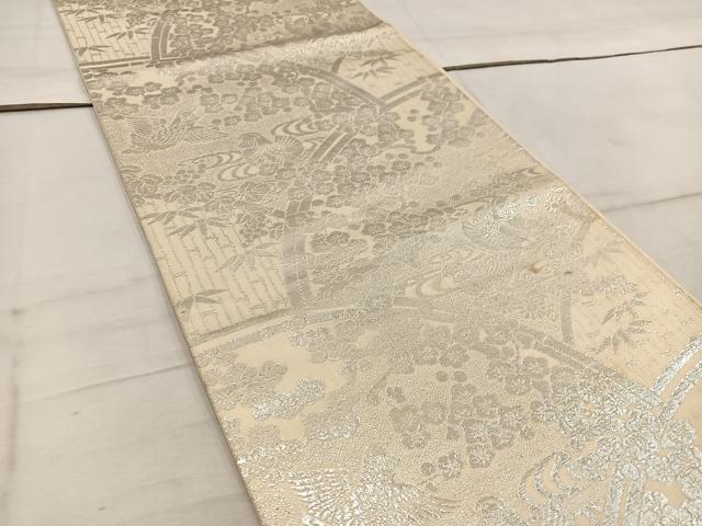 平和屋着物◎全通柄袋帯 鴛鴦梅花文 銀糸 正絹 逸品 BAAW1987mz