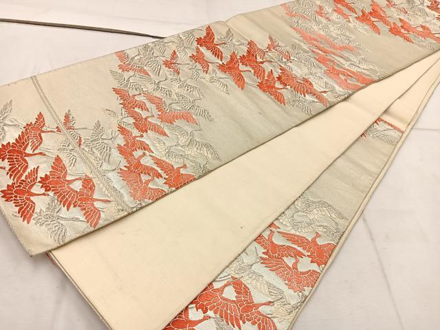 平和屋着物◎六通柄袋帯 唐織 飛鶴文 銀糸 正絹 逸品 BAAW1993mz