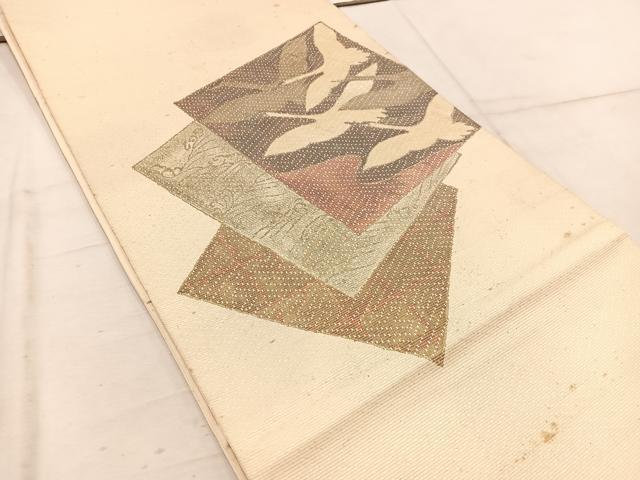平和屋着物◎太鼓柄袋帯 螺鈿箔 地紙重ね飛鶴文 金彩 正絹 逸品 BAAW1999mz