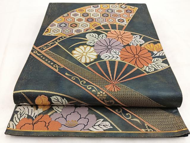 平和屋着物◎六通柄袋帯 唐織 扇面花文 金糸 引箔 正絹 逸品 BAAW2025yc
