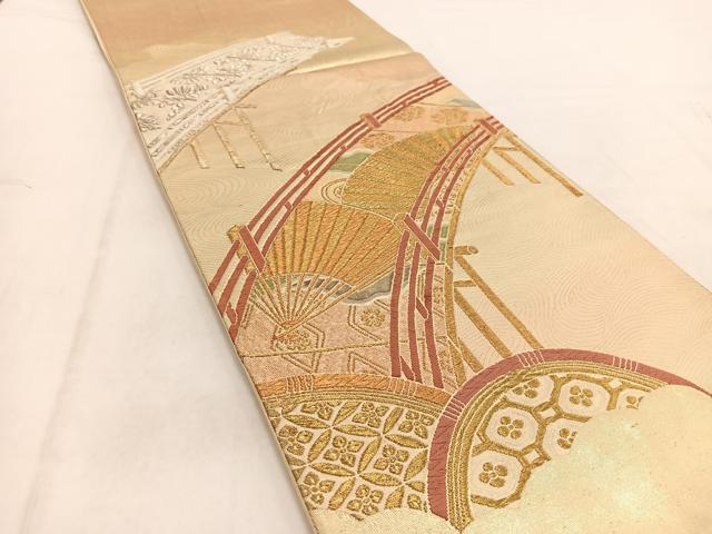 平和屋着物◎六通柄袋帯 唐織 渡り橋扇面花文 金銀糸 引箔 正絹 逸品 BAAW2083yc