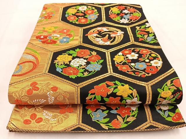 平和屋着物◎六通柄袋帯 唐織 亀甲花丸文 黒地 金糸 正絹 逸品 BAAW2126yc