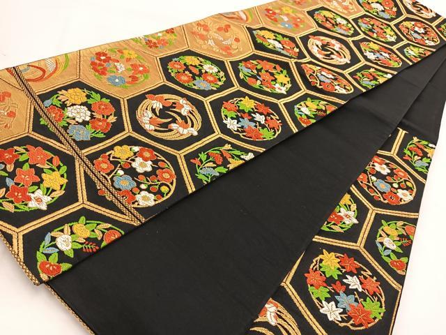 平和屋着物◎六通柄袋帯 唐織 亀甲花丸文 黒地 金糸 正絹 逸品 BAAW2126yc