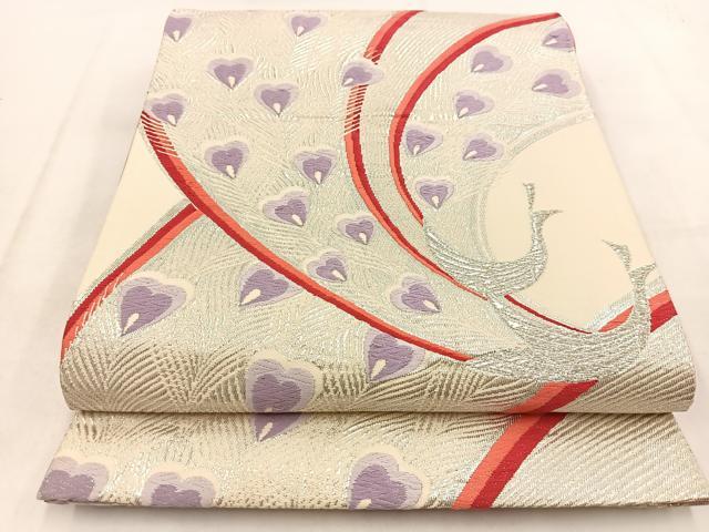 平和屋着物◎六通柄袋帯 唐織 孔雀 銀糸 正絹 逸品 BAAW2127yc