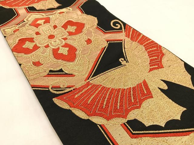 平和屋着物◎六通柄袋帯 唐織 亀甲花蝶文 黒地 金糸 正絹 逸品 BAAW2144yc