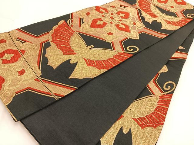 平和屋着物◎六通柄袋帯 唐織 亀甲花蝶文 黒地 金糸 正絹 逸品 BAAW2144yc