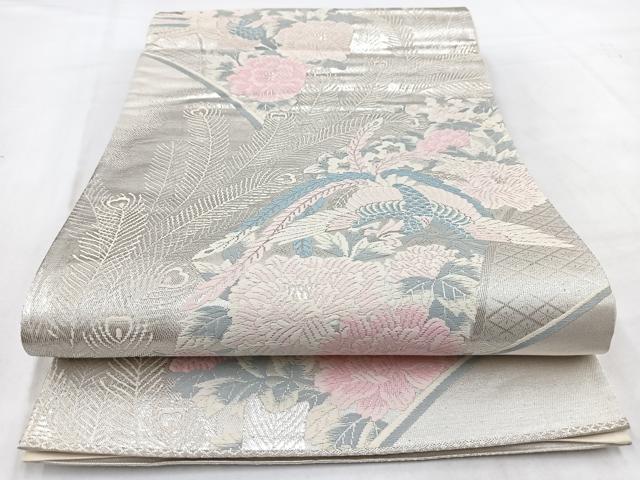 平和屋着物◎六通柄袋帯 唐織 鳳凰牡丹文 銀糸 正絹 逸品 BAAW2167yc
