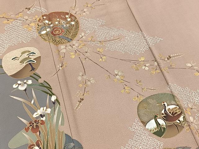 平和屋着物●訪問着 駒刺繍 絞り 休み鶴風景文 松竹梅 金彩 正絹 逸品 BAAW2178yc