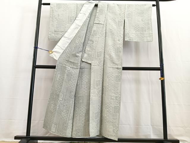 平和屋着物▽上質な紬 単衣 100亀甲 色紙更紗花文 正絹 逸品 BAAW2189yc