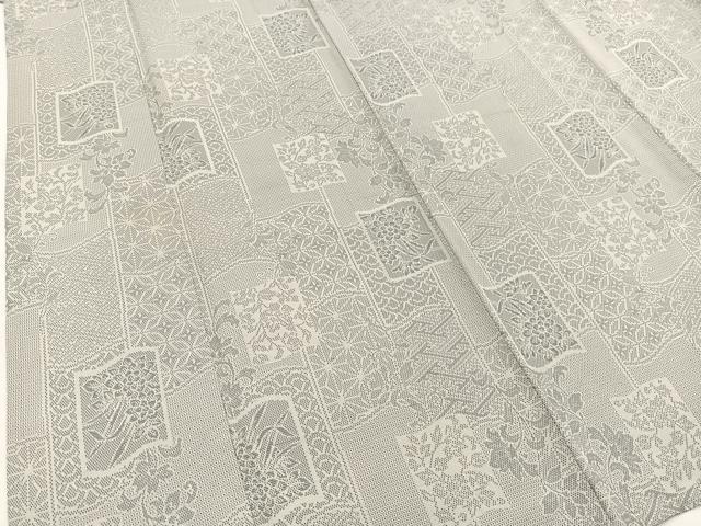 平和屋着物▽上質な紬 単衣 100亀甲 色紙更紗花文 正絹 逸品 BAAW2189yc