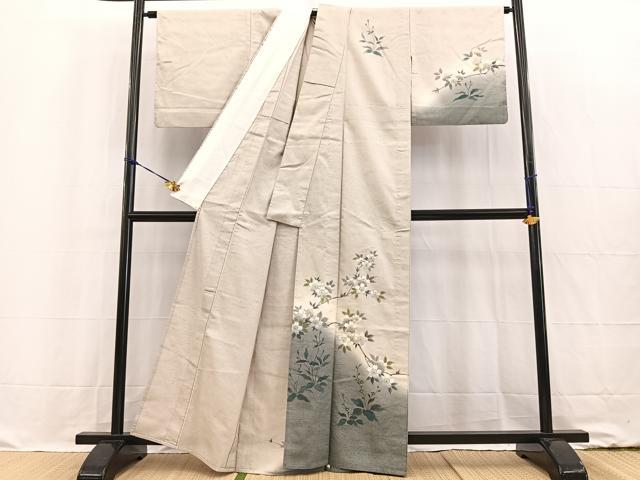 平和屋着物▽訪問着 単衣 紬地 枝桜文 金彩 正絹 逸品 BAAW2194yc