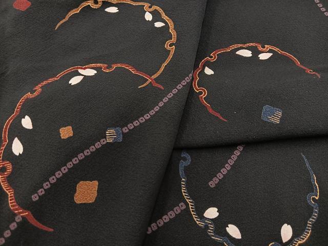 平和屋着物▽上質な小紋 単衣 雪輪花弁文 黒地 金彩 正絹 逸品 BAAW2203yc