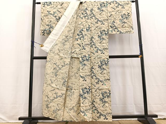 平和屋着物*夏物 生紬 型染め 彩巧草木染 草花文 反端付き 正絹 逸品 BAAW2222yc