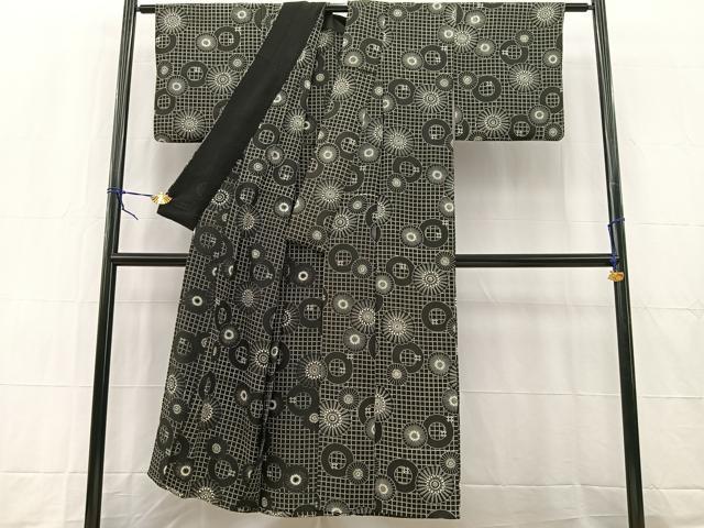 平和屋着物▽上質な小紋 単衣 型染め 花丸文 黒地 正絹 逸品 BAAW2241yc