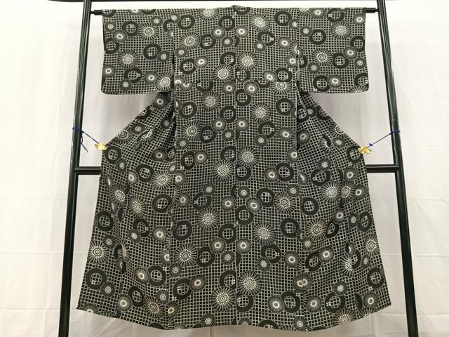 平和屋着物▽上質な小紋 単衣 型染め 花丸文 黒地 正絹 逸品 BAAW2241yc