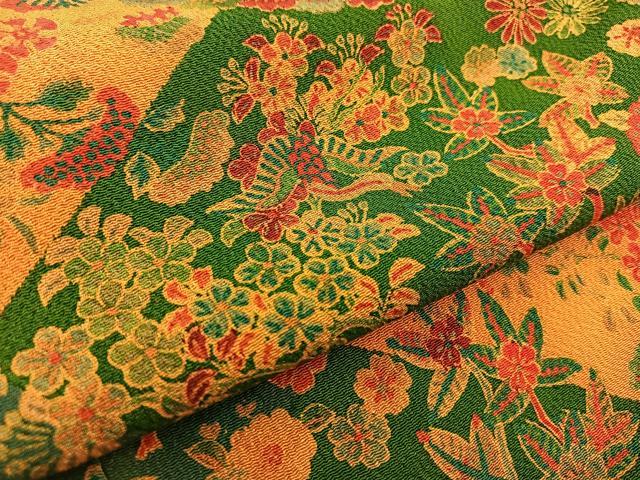 平和屋着物●上質な小紋　切嵌更紗鳳凰草花文　鬼しぼ縮緬　正絹　逸品　DABB0989ud 平和屋着物○上質な小紋 型染め 風景草花文 鬼しぼ縮緬 正絹 逸品 未