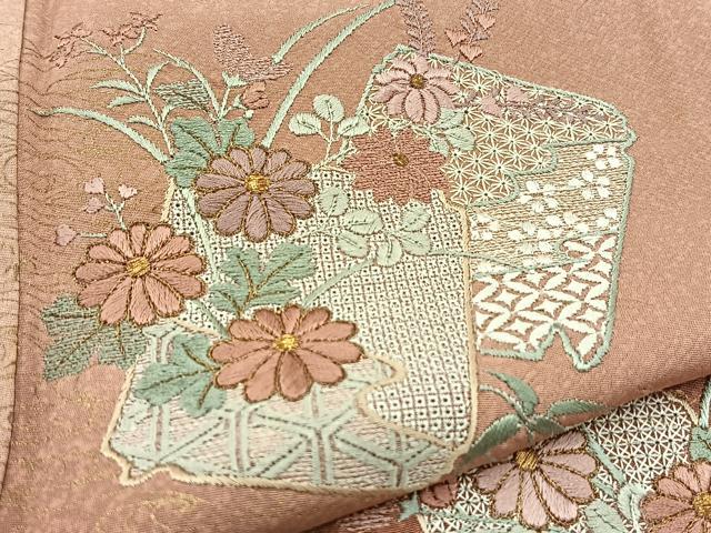 平和屋着物■中国三大刺繍 スワトウ刺繍 汕頭刺繍 訪問着 破れ色紙花文 暈し染め 金彩 正絹 逸品 BAAW2305yc