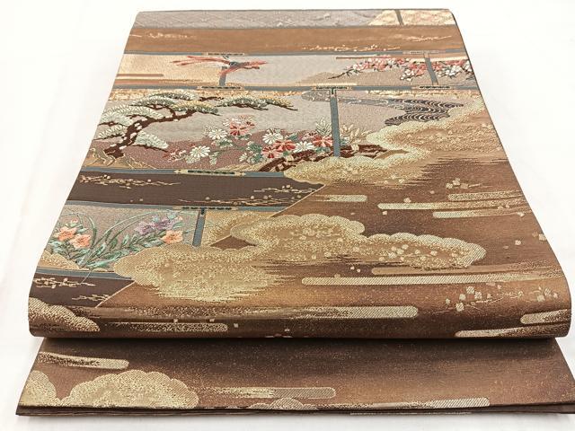 平和屋着物◎六通柄袋帯 唐織 珀綾 鳳凰風景花文 金銀糸 正絹 逸品 BAAW2456yc
