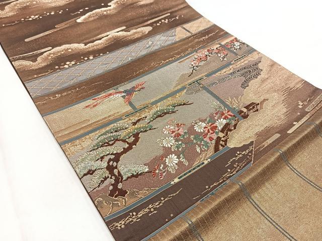平和屋着物◎六通柄袋帯 唐織 珀綾 鳳凰風景花文 金銀糸 正絹 逸品 BAAW2456yc