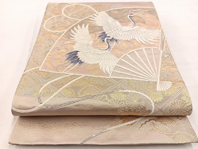 平和屋着物◎六通柄袋帯 唐織 飛鶴扇面花文 金銀糸 正絹 逸品 BAAW2468yc