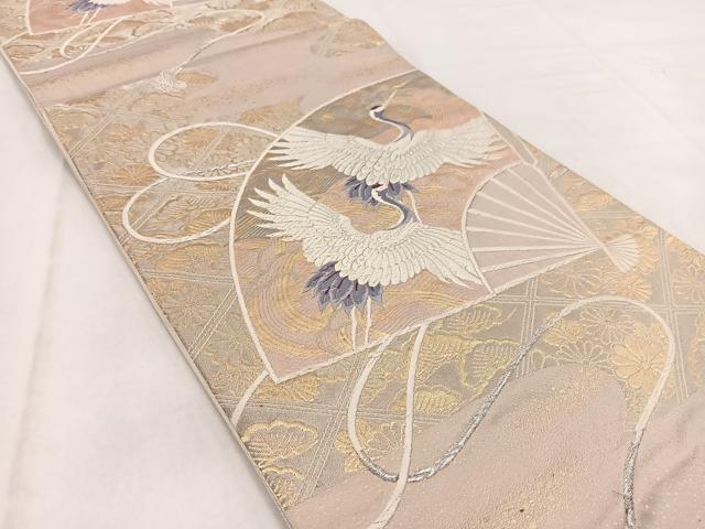 平和屋着物◎六通柄袋帯 唐織 飛鶴扇面花文 金銀糸 正絹 逸品 BAAW2468yc