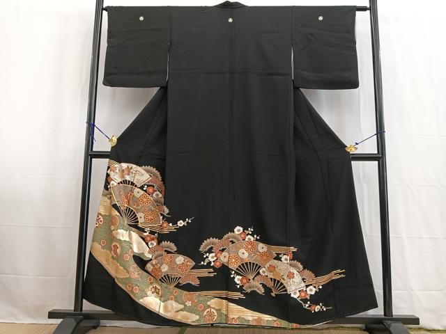 平和屋着物■豪華黒留袖 駒刺繍 扇面宝尽くし花文 金銀彩 正絹 逸品 BAAW2544yc