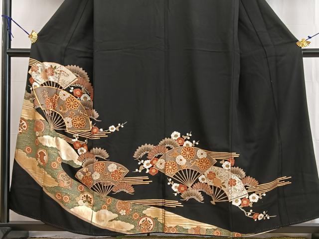 平和屋着物■豪華黒留袖 駒刺繍 扇面宝尽くし花文 金銀彩 正絹 逸品 BAAW2544yc