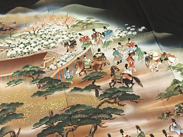 平和屋着物▽豪華黒留袖 単衣 作家物 御門臨幸 平安人物風景文 暈し染め 金彩 やまと誂製 正絹 逸品 BAAW2651yc